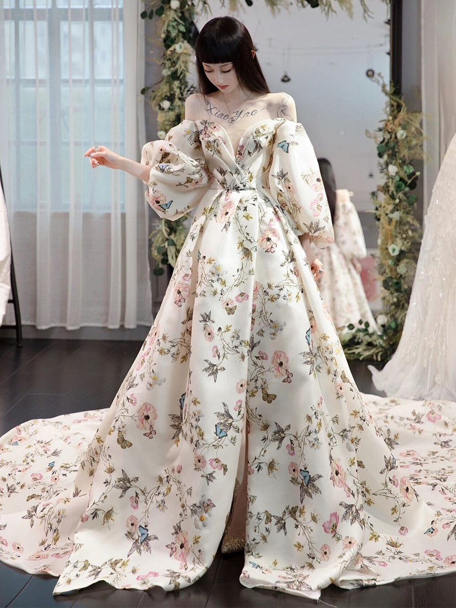 Unique sweetheart neck puff sleeves long prom dress printing evening d toptby Unique sweetheart neck puff sleeves long prom dress printing evening d toptby