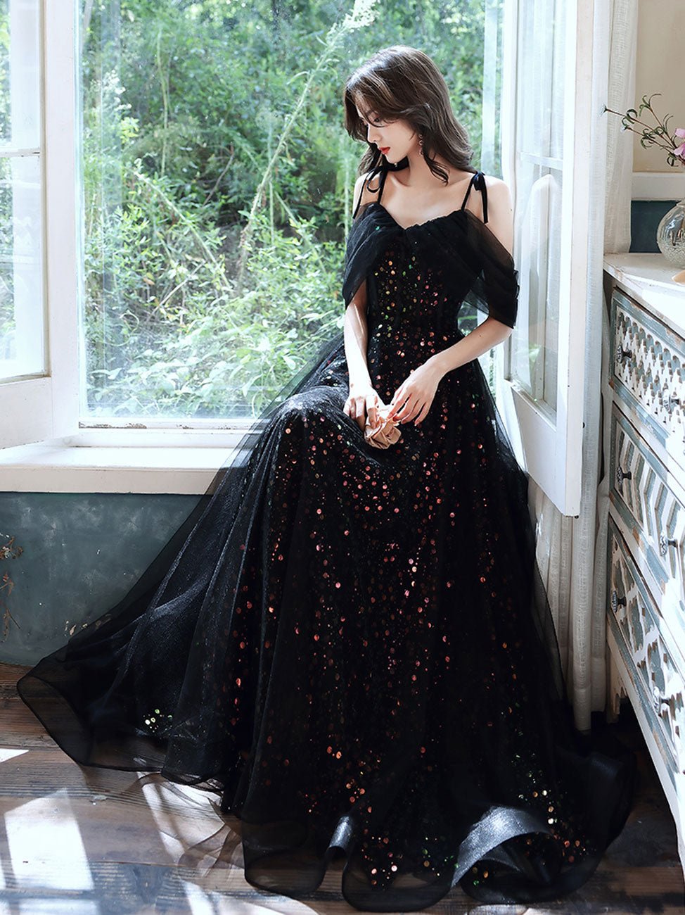 Black A Line Off Shoulder Tulle Long Prom Dresses, Black Formal Evening Dress Black A Line Off Shoulder Tulle Long Prom Dresses, Black Formal Evening Dress