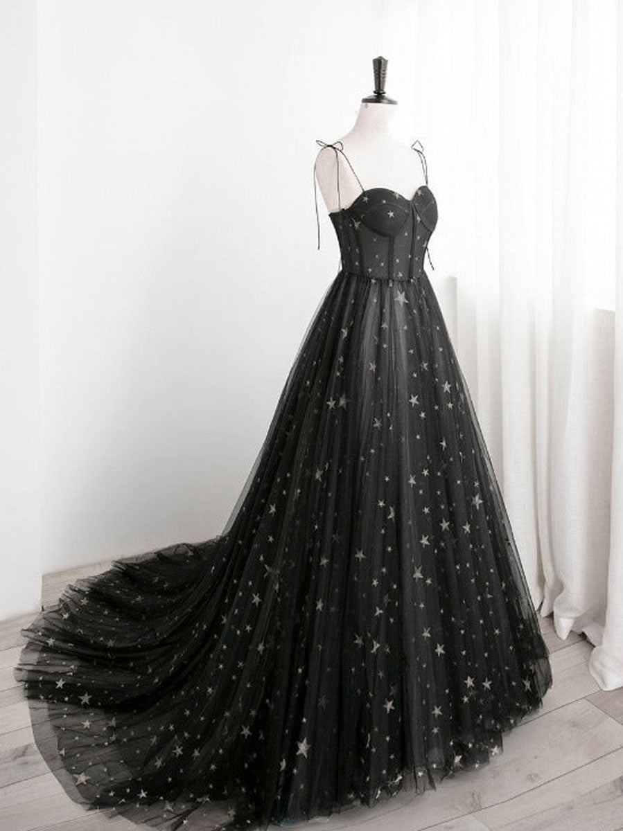 Black sweetheart neck tulle long prom dress A line black evening dress   toptby