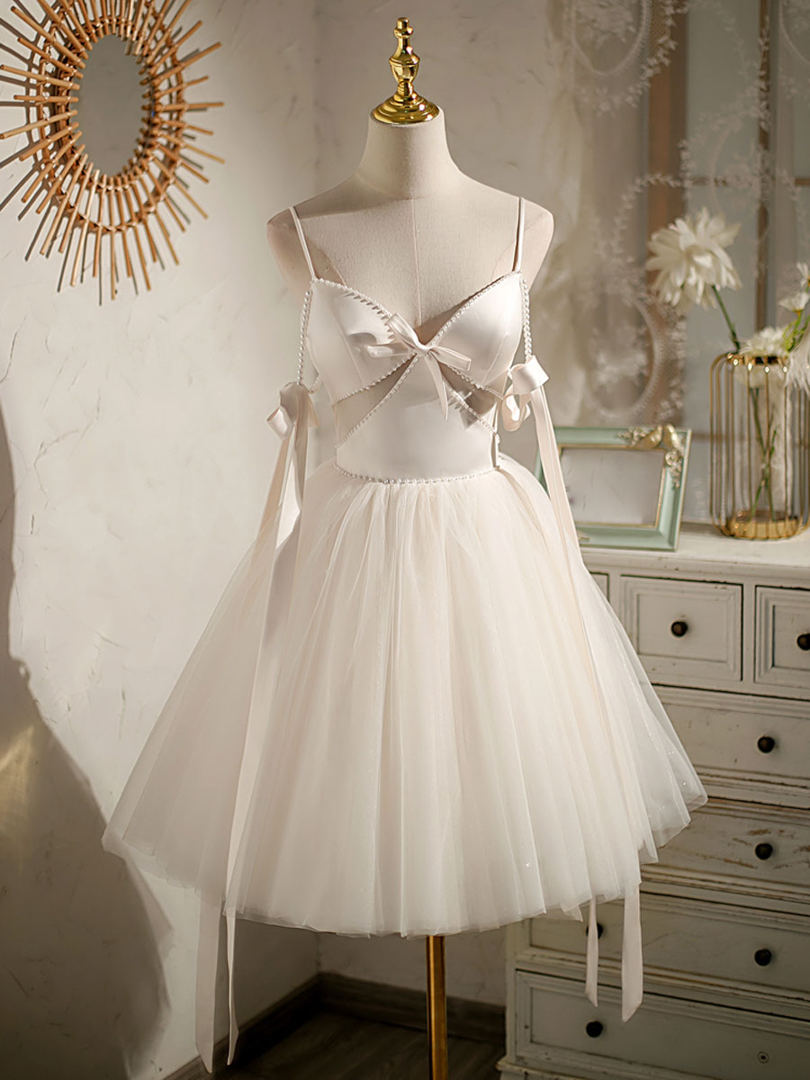 beige homecoming dress Knee Length Dresses,Two Piece Homecoming Dress,High Neck Ho low skirt for a touch of drama. Beige Aline tulle short prom