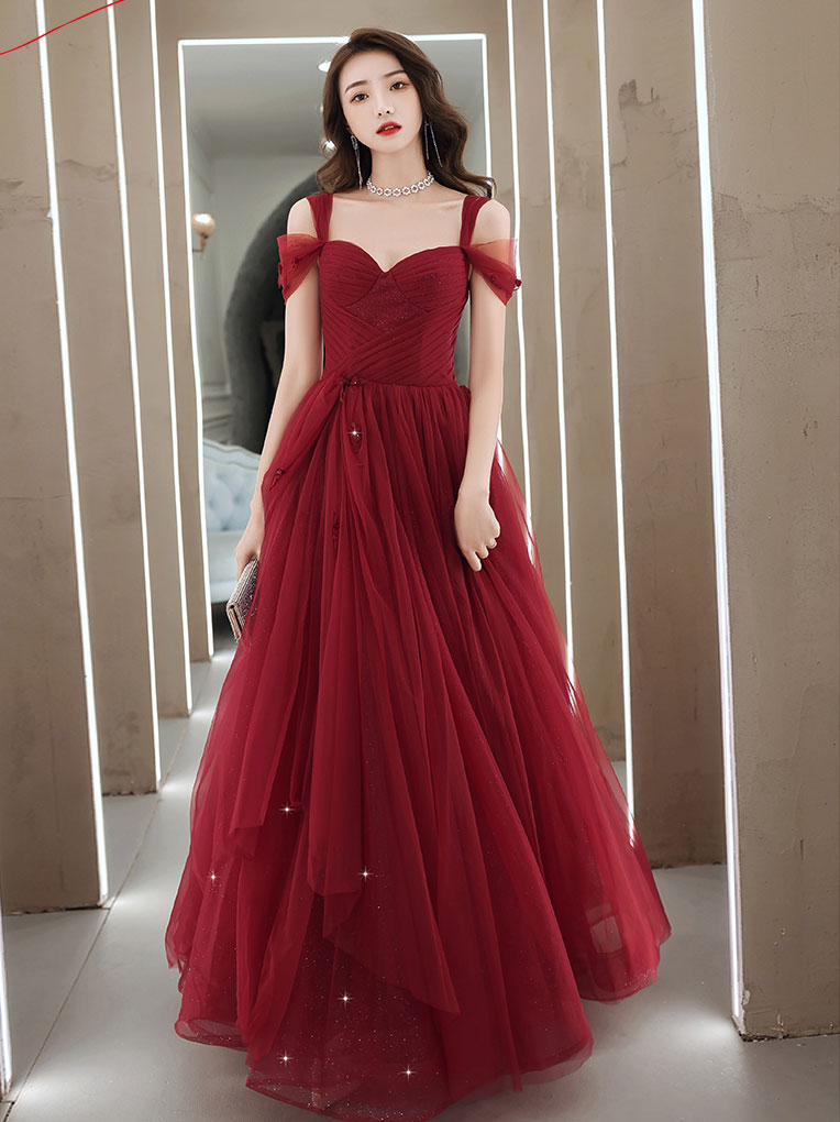Burgundy A line long prom dress, off shoulder formal graduation dress toptby Burgundy A line long prom dress, off shoulder formal graduation dress toptby