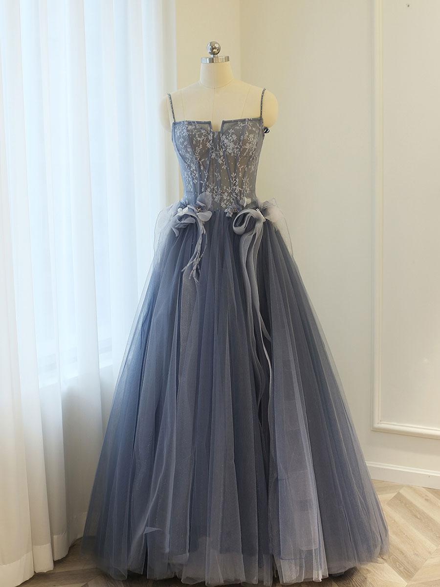 Gray A line lace tulle long prom dress, gray formal evening dress – toptby