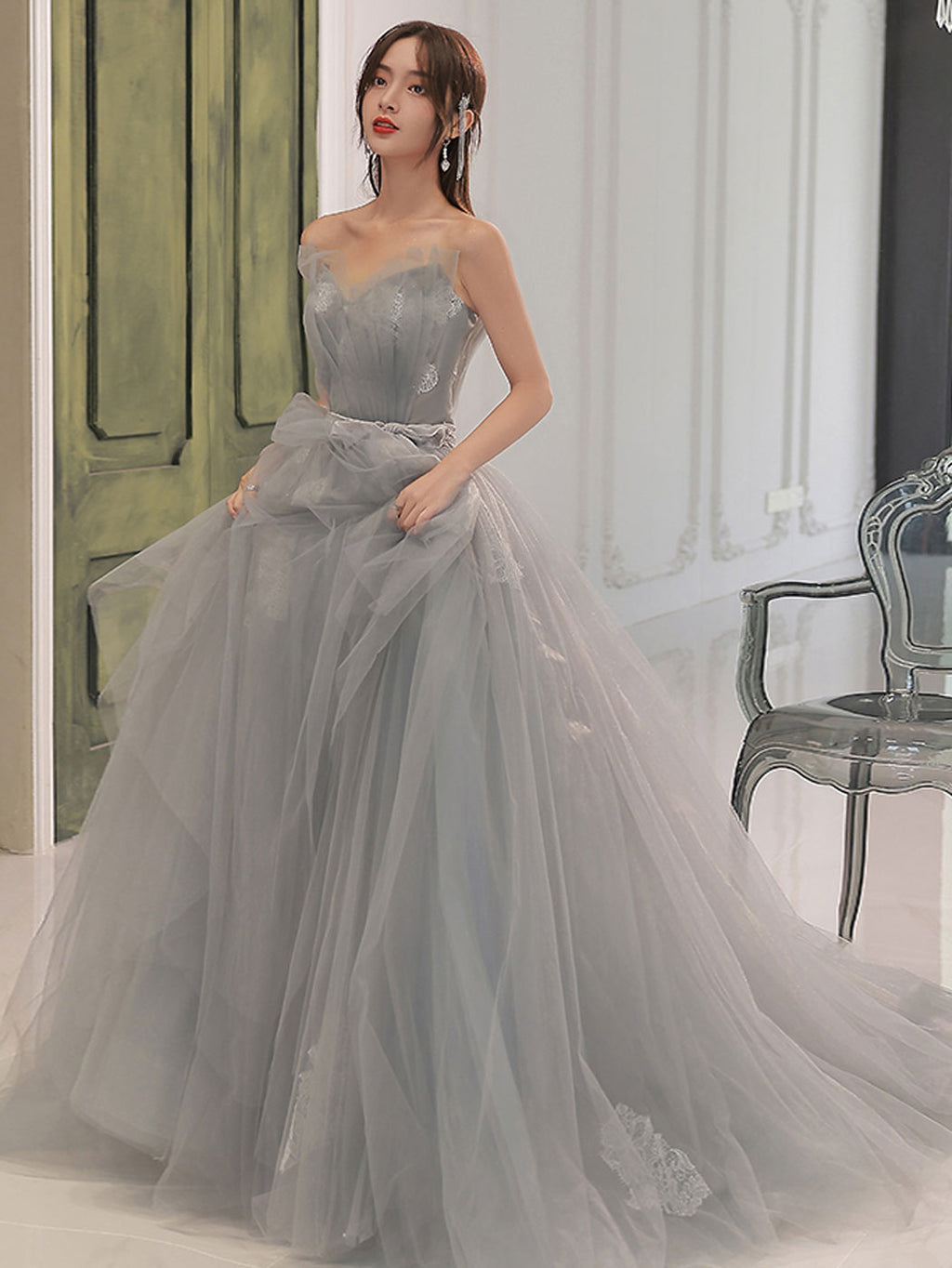 Gray A line tulle lace long prom dress gray formal dress – toptby
