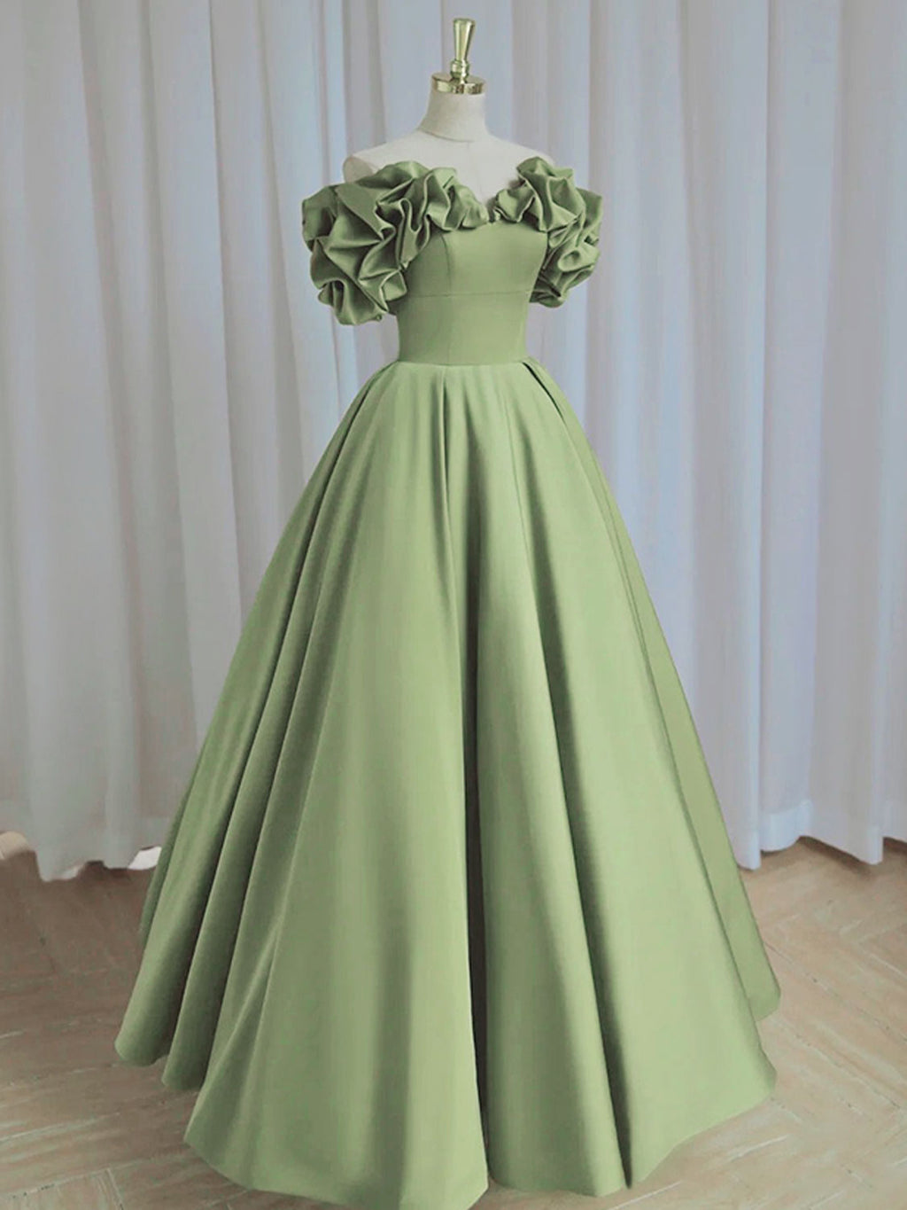 A-Line Green Satin Long Prom Dress, Green Long Evening Dress main image 1