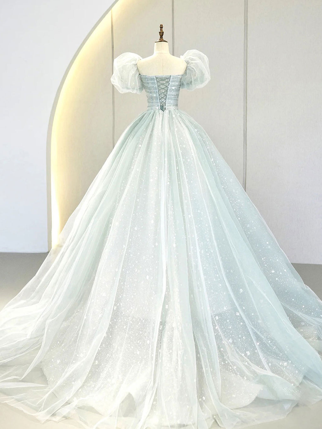 A-Line Puff sleeves Tulle Velvet Purple Long Prom Dress B073