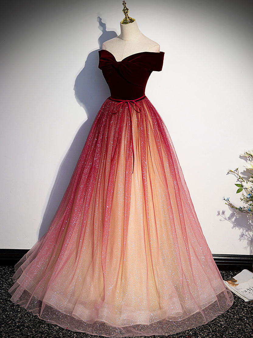 Burgundy Off the Shoulder Long A-Line Formal Prom Dresses