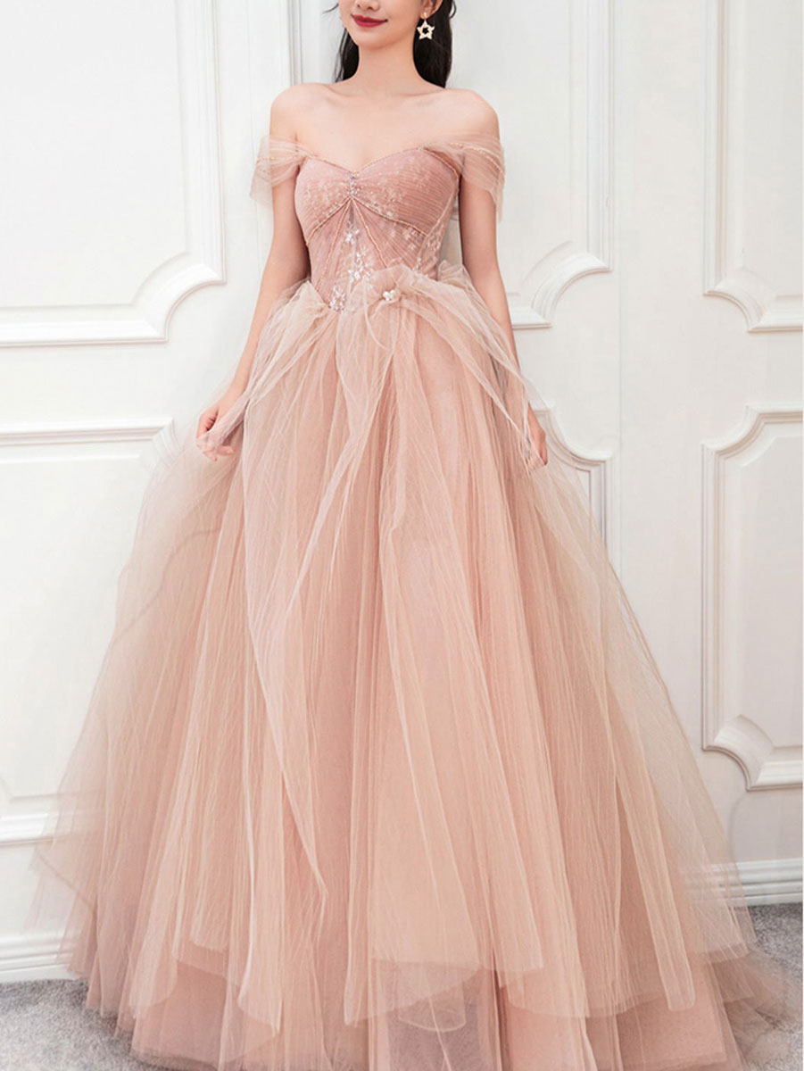 Pink Tulle Floral Lace A-line Sweetheart Prom Dress SP750