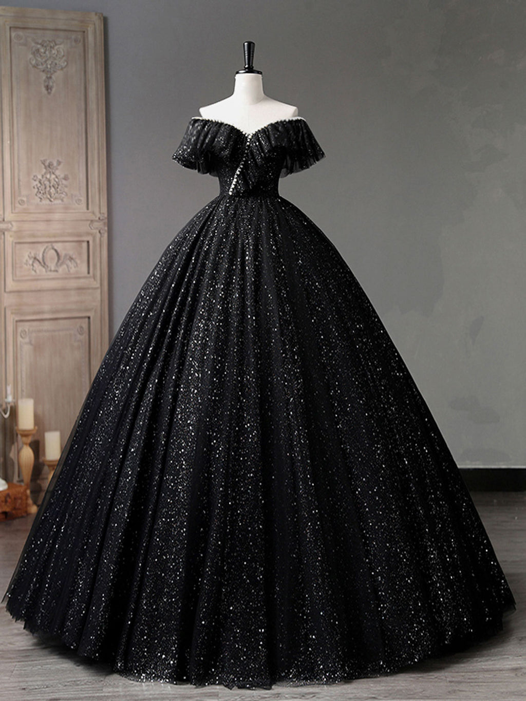 Black Tulle One Shoulder Long Prom Dress with Leg Slit Black Evening Gown Y1146