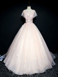 Pink round neck tulle lace long prom dress, pink sweet 16 dress