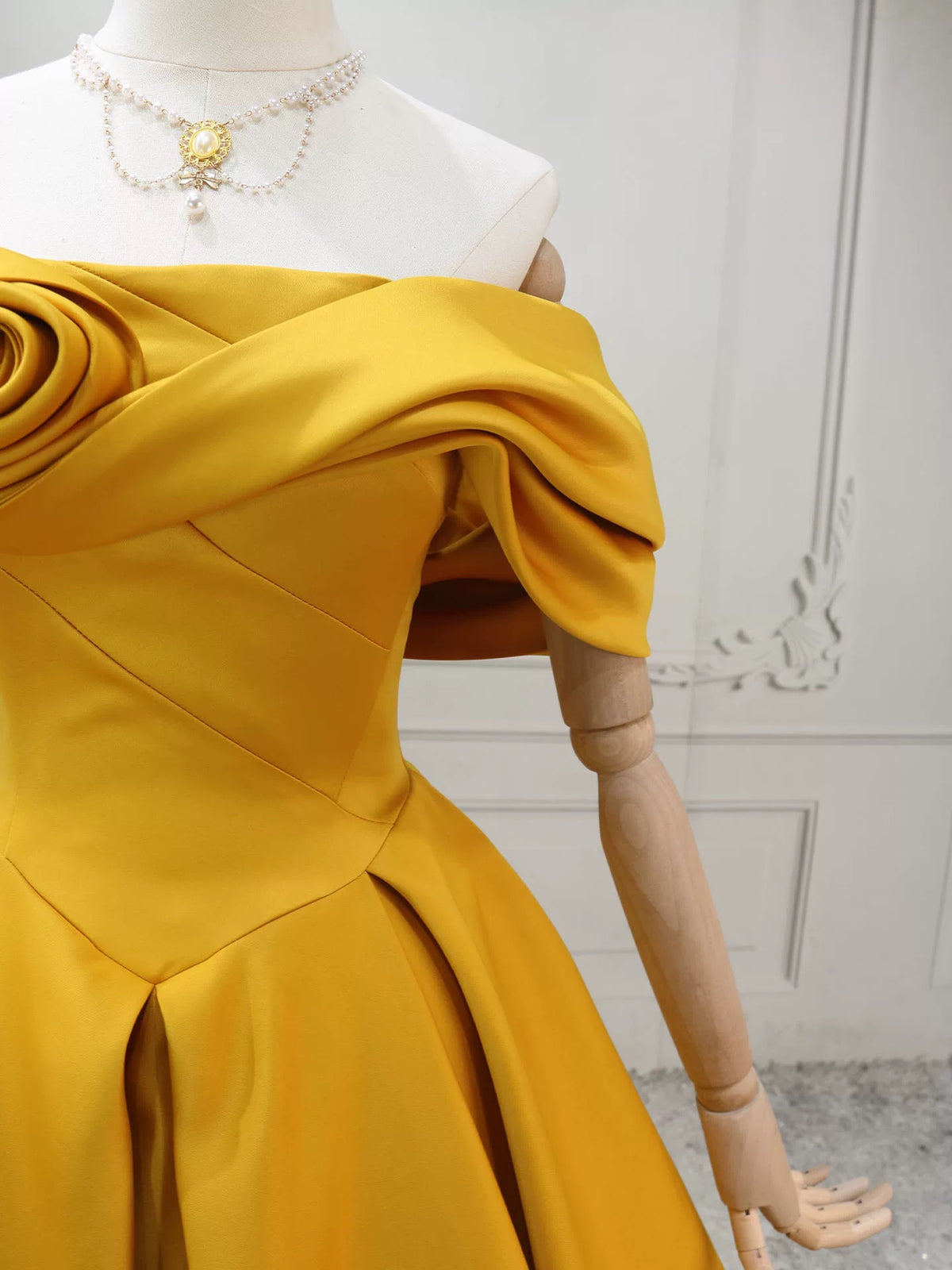 A-Line Off Shoulder Satin Yellow Long Prom Dress, Yellow Long Evening Dress