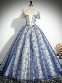 A-Line Tulle Lace Blue Long Prom Dress, Blue Long Evening Dress