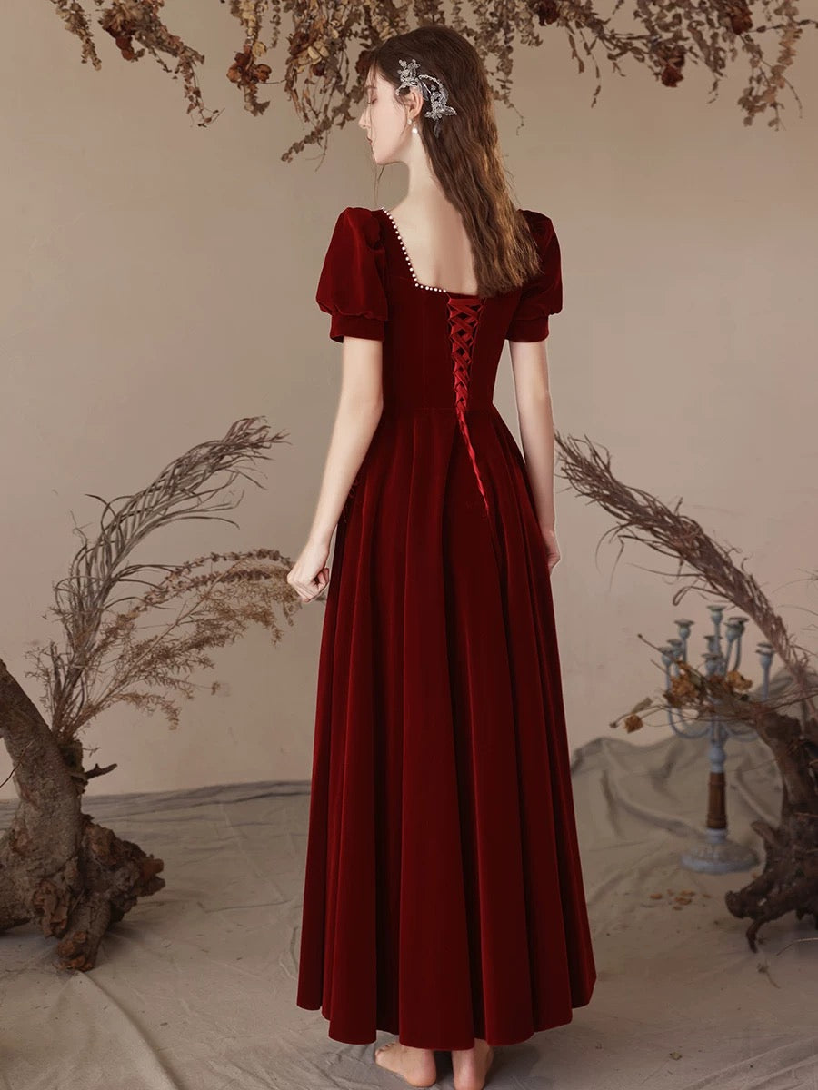 A-Line Short Sleeve Velvet Burgundy Long Prom Dress, Burgundy Long Evening Dress