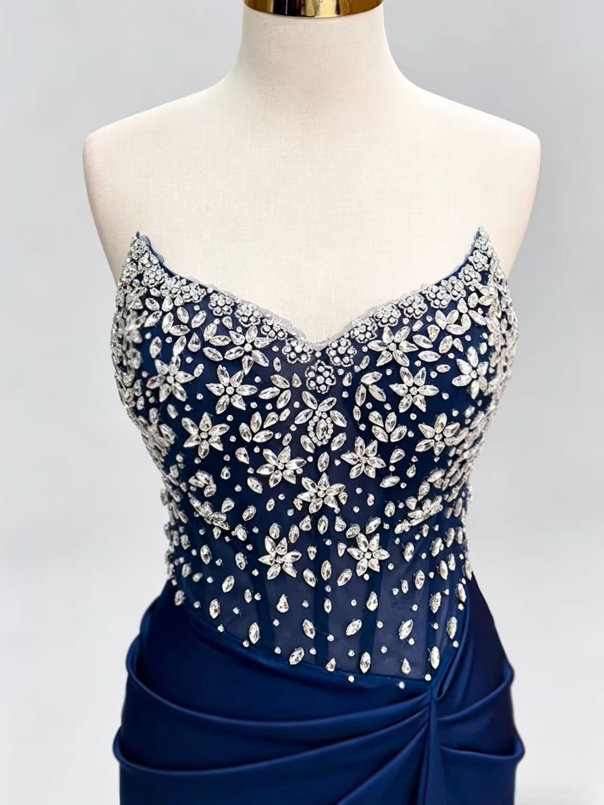 Mermaid V Neck Satin Dark Blue Long Prom Dress with Beads