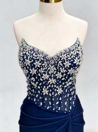 Mermaid V Neck Satin Dark Blue Long Prom Dress with Beads