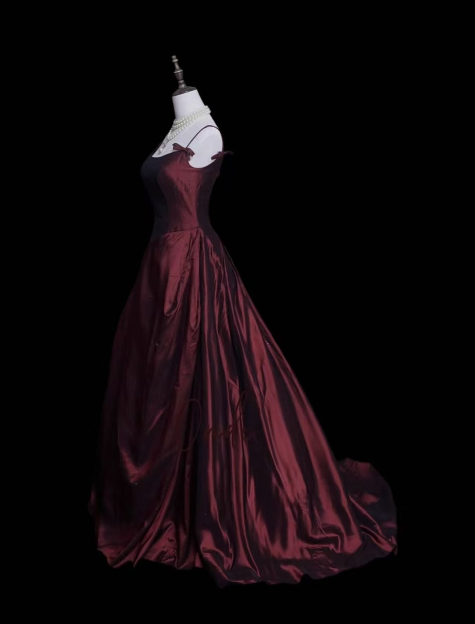 A-line Spoon Neck Satin Burgundy Long Prom Dress with Beds
