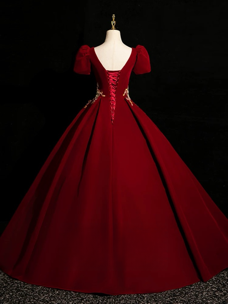 burgundy applique prom dresses Burgundy A-line V-neck Lace Appliques Long Prom Dresses With Slit, MP807