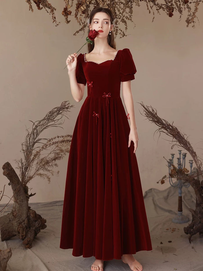 A-Line Short Sleeve Velvet Burgundy Long Prom Dress, Burgundy Long Evening Dress