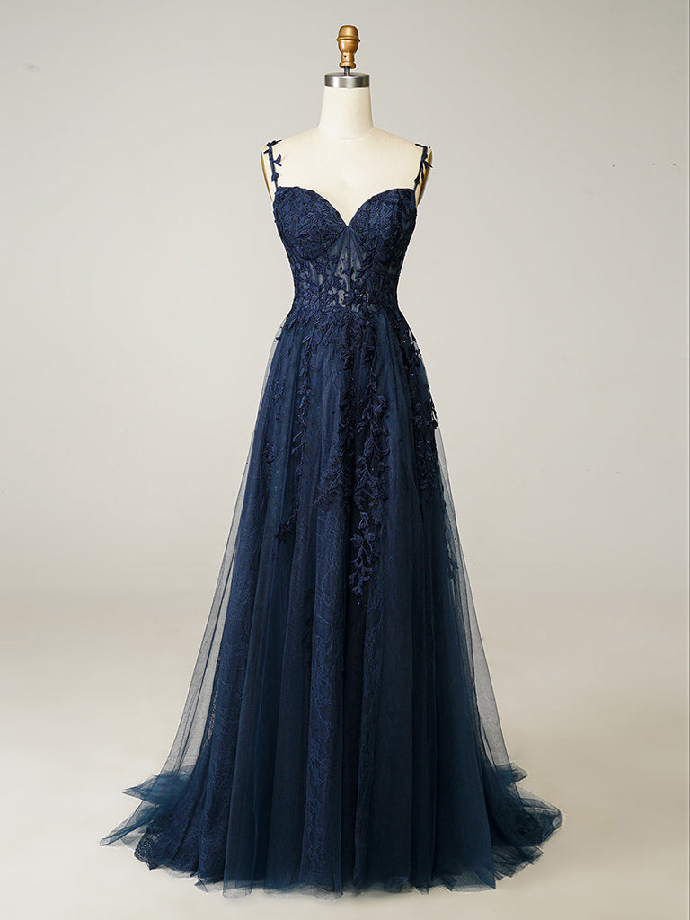 A-Line Sweetheart Neck Tulle Lace Dark Blue Long Prom Dress, Dark Blue toptby A-Line Sweetheart Neck Tulle Lace Dark Blue Long Prom Dress, Dark Blue toptby