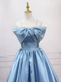 A-Line Satin Blue Long Prom Dress, Blue Long Evening Dress