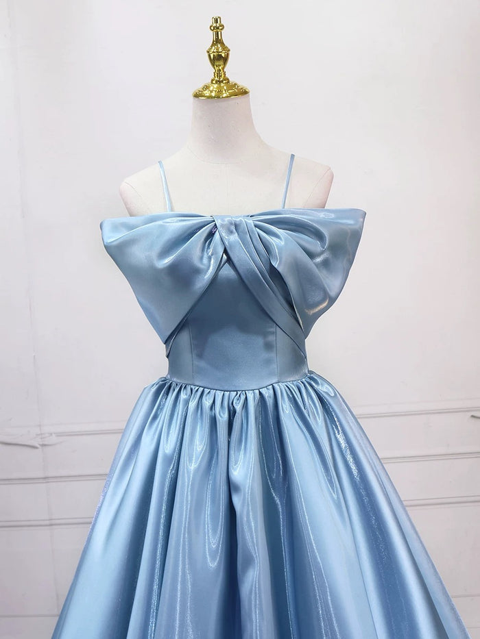 A-Line Satin Blue Long Prom Dress, Blue Long Evening Dress