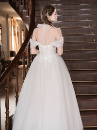 A-Line Sweetheart Neck Tulle Lace White Long Prom Dress