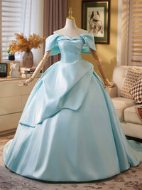 Ball Gown Off Shoulder A-line Satin Sweep Train Blue Long Prom Dress