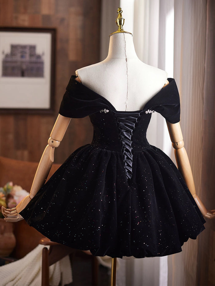Off Shoulder A-Line Velvet Black Prom Dress, Black Homecoming Dress