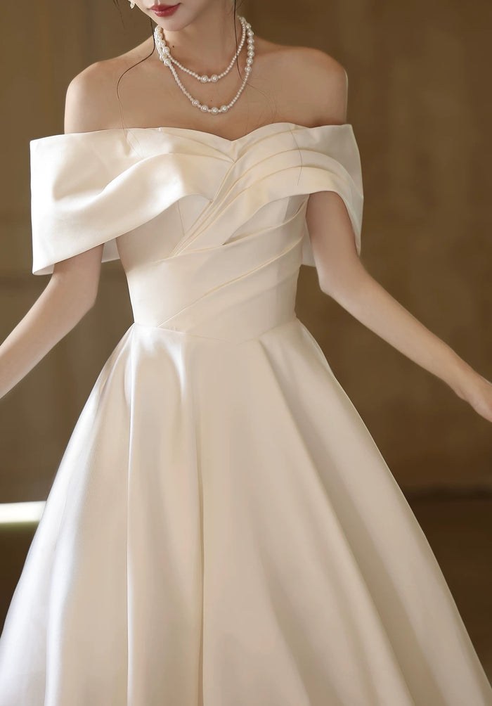 A-Line Off Shoulder Satin White Long Prom Dress, White Long Formal Dress