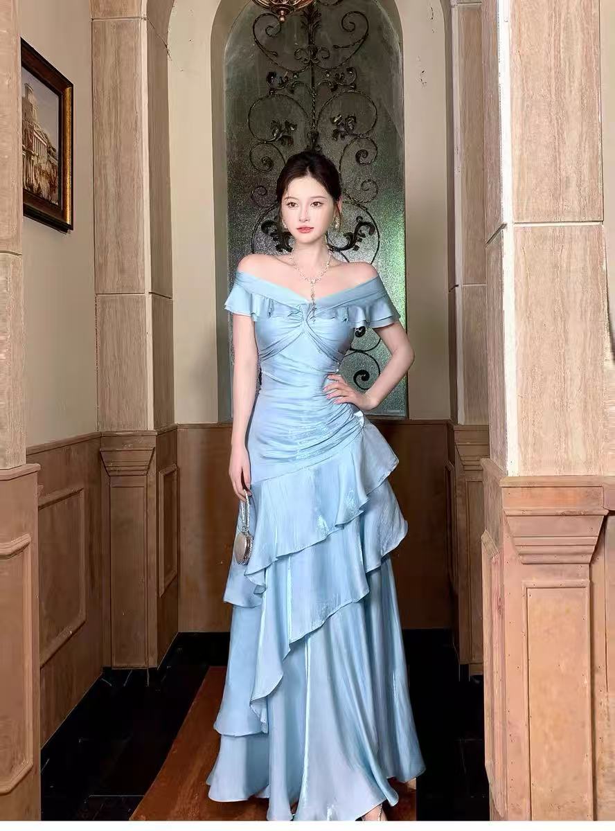 Mermaid Off Shoulder Silk Floor Length Blue Prom Dress, Blue Evening Dress
