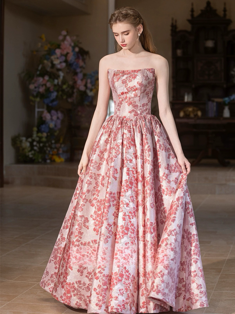 A-Line Printed satin Pink Long Prom Dress, Pink Long Formal Dress toptby A-Line Printed satin Pink Long Prom Dress, Pink Long Formal Dress toptby