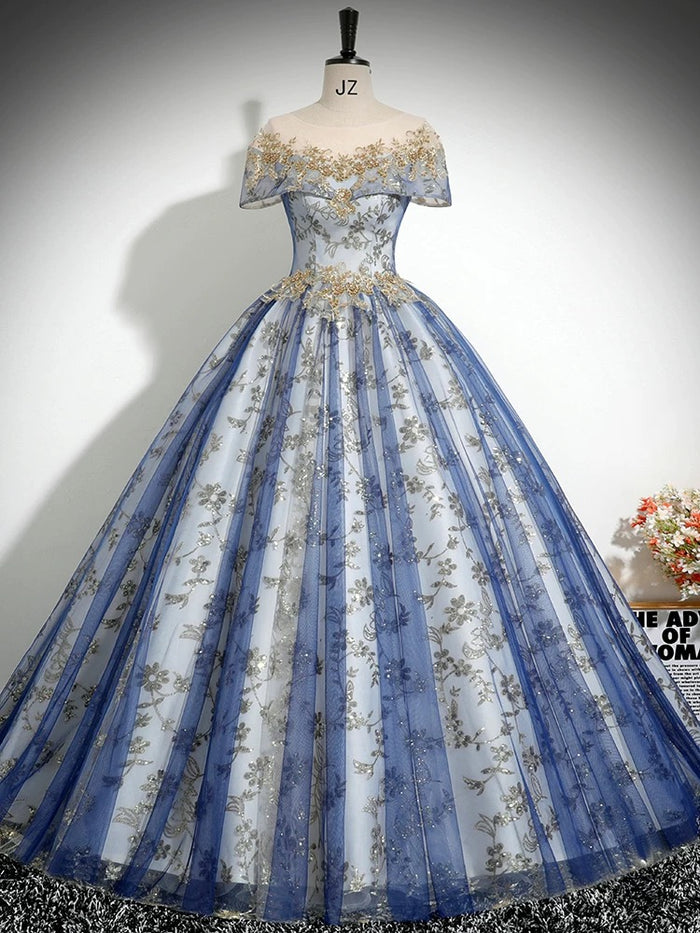 A-Line Tulle Lace Blue Long Prom Dress, Blue Long Evening Dress