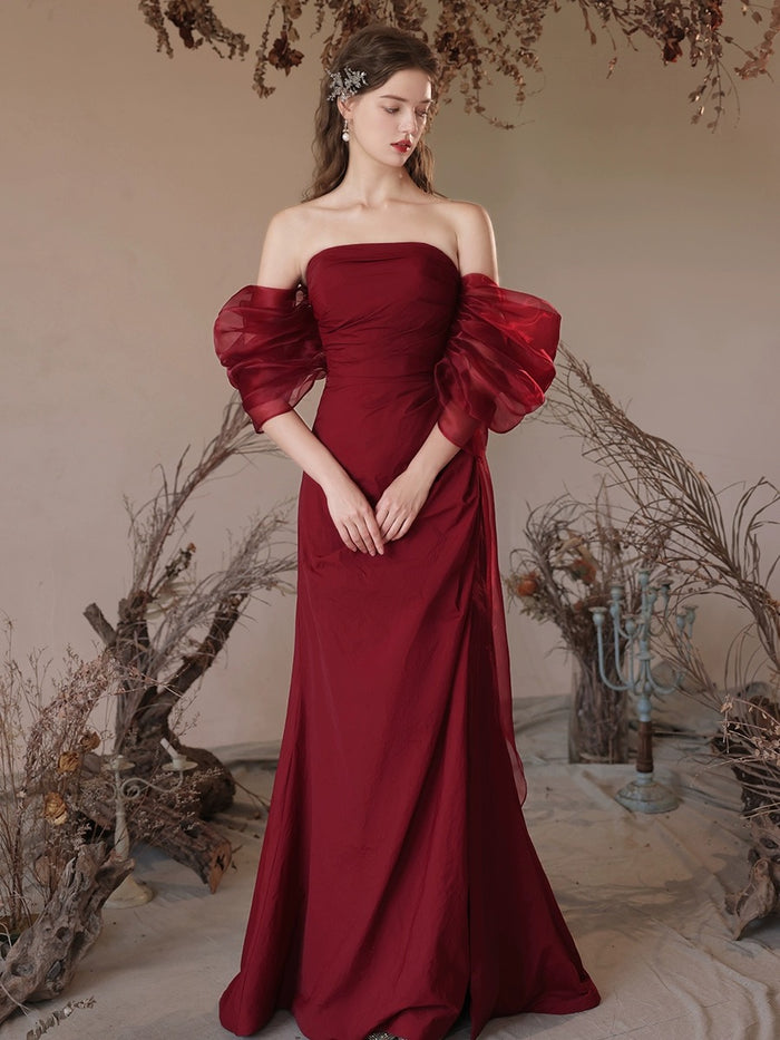 Burgundy Off Shoulder  Satin Tulle Long Prom Dress, Burgundy Evening Dress