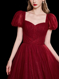 A-Line Puff Sleeves Tulle Burgundy Long Prom Dress, Burgundy Long Evening Dress
