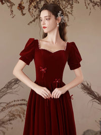 A-Line Short Sleeve Velvet Burgundy Long Prom Dress, Burgundy Long Evening Dress