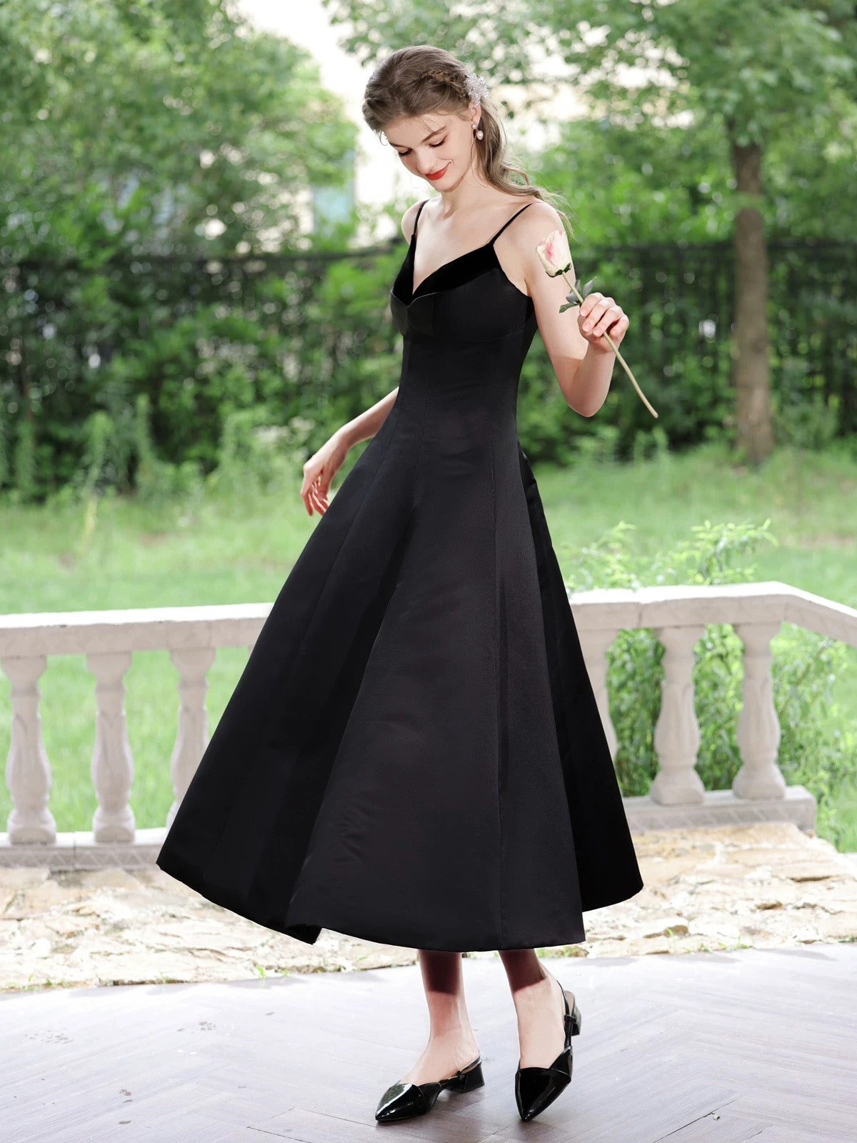 A-Line V Neck Satin Black Prom Dress, Black Formal Dress