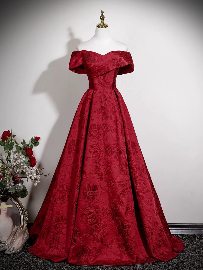 A-Line Off Shoulder Satin Dark Red Long Prom Dress, Dark Red Long Evening Dress