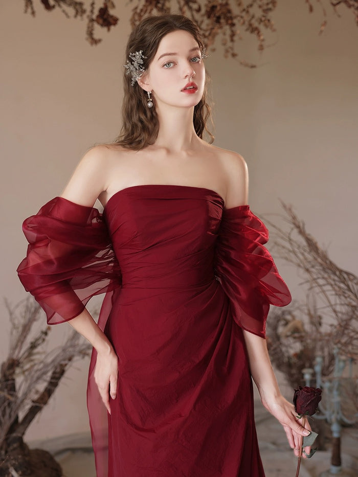 Burgundy Off Shoulder  Satin Tulle Long Prom Dress, Burgundy Evening Dress