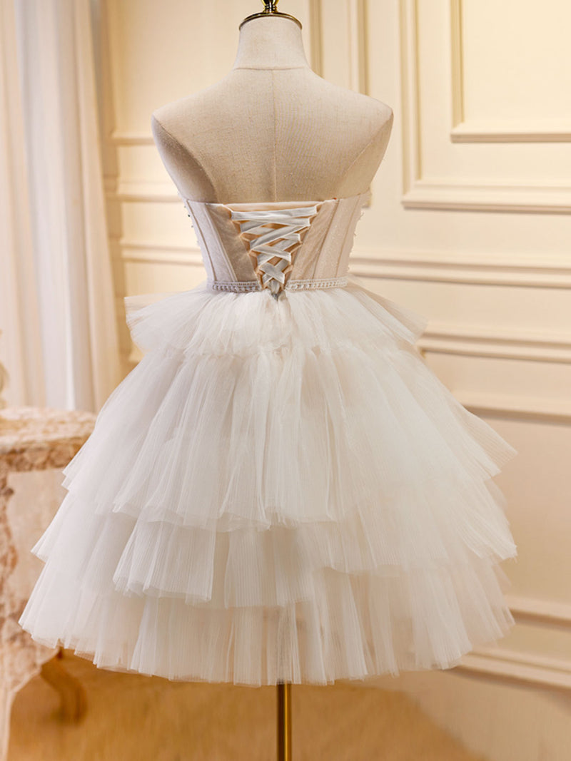 Beige Sweetheart Neck Tulle Short Prom Dress, Beige Homecoming Dress