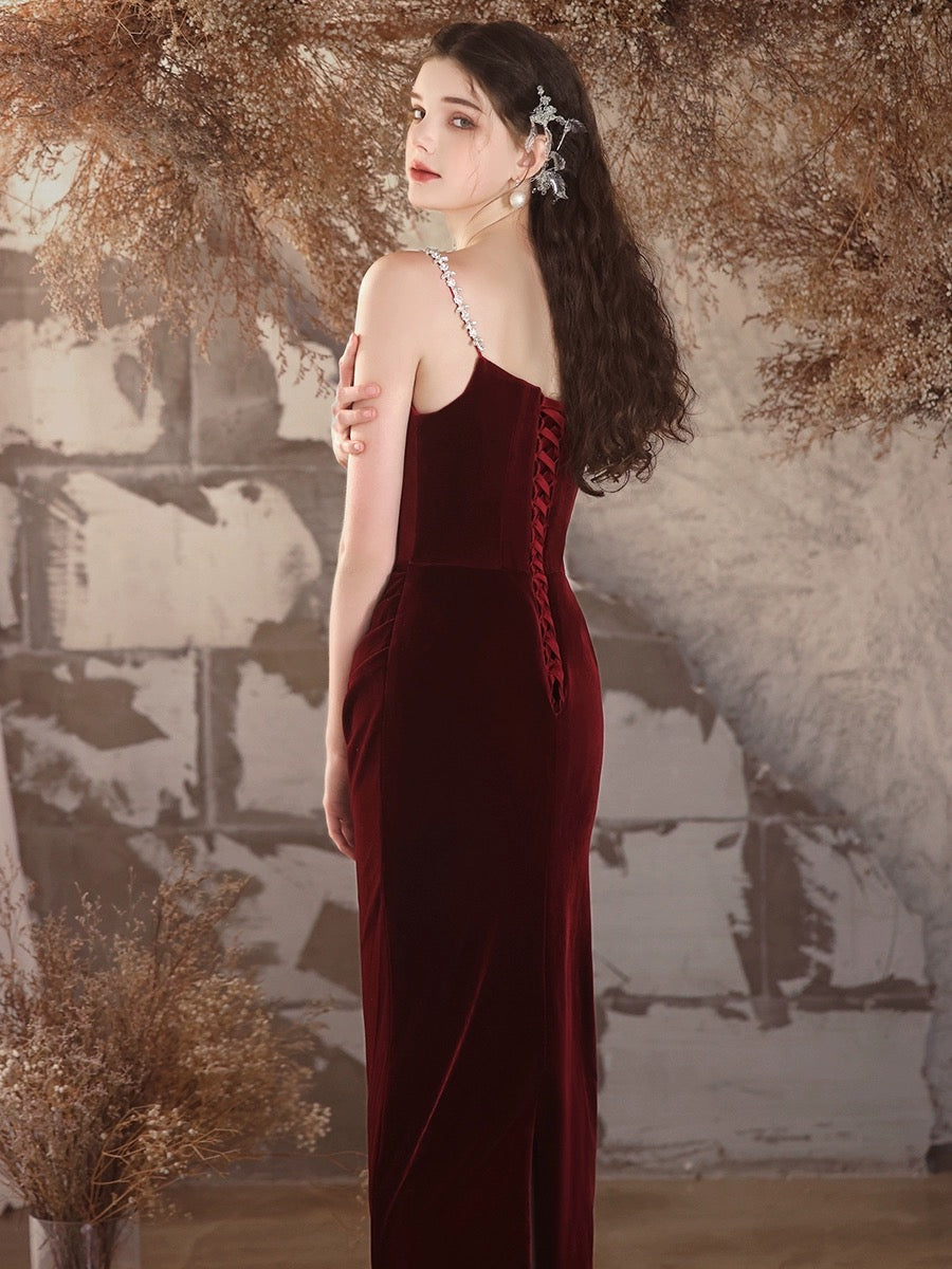 Burgundy Velvet Mermaid Long Prom Dress, Velvet Burgundy Long Formal Dress