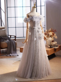 A-Line Off Shoulder Flower Tulle Gray Long Prom Dress, Gray Formal Dress