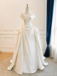 A-Line Off Shoulder Satin Light Champagne Long Prom Dress, Light Champagne Long Formal Dress