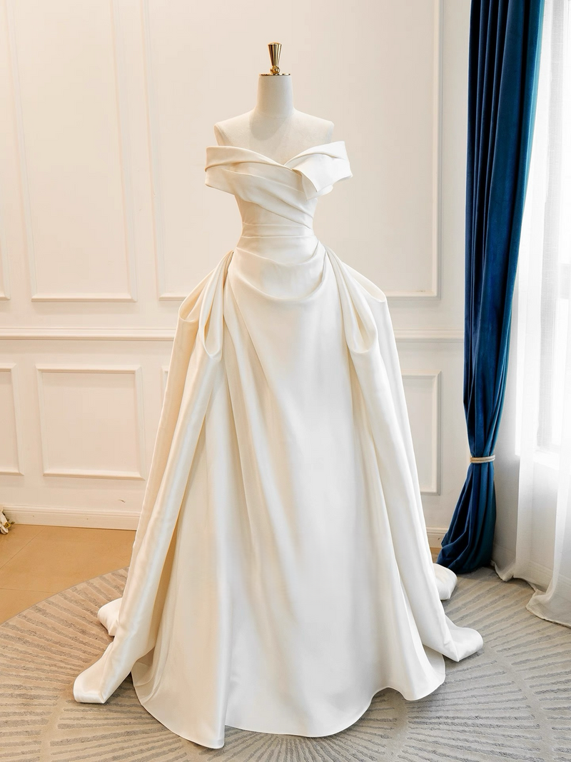 A-Line Off Shoulder Satin Light Champagne Long Prom Dress, Light Champagne Long Formal Dress