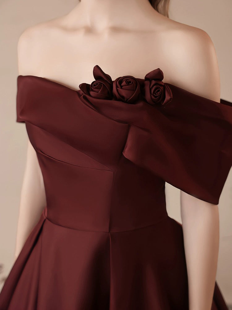 Burgundy A-Line Off Shoulder Satin Homecoming Dress Y2506