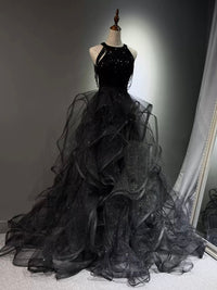 A-Line High Neck Tulle Ball Gown Sequin Black Prom Dress with Beads