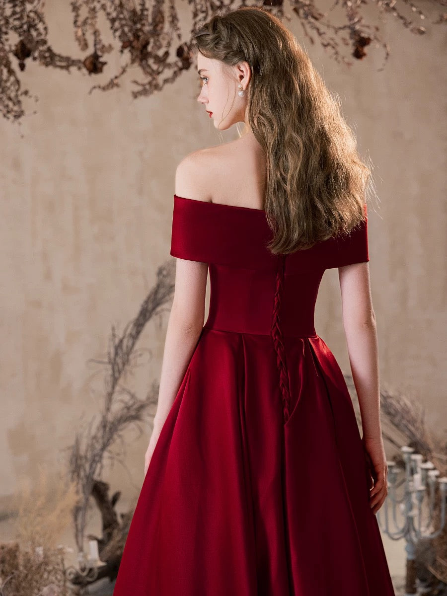 A-Line Off Shoulder Satin Burgundy Long Prom Dress, Burgundy Long Formal Dress
