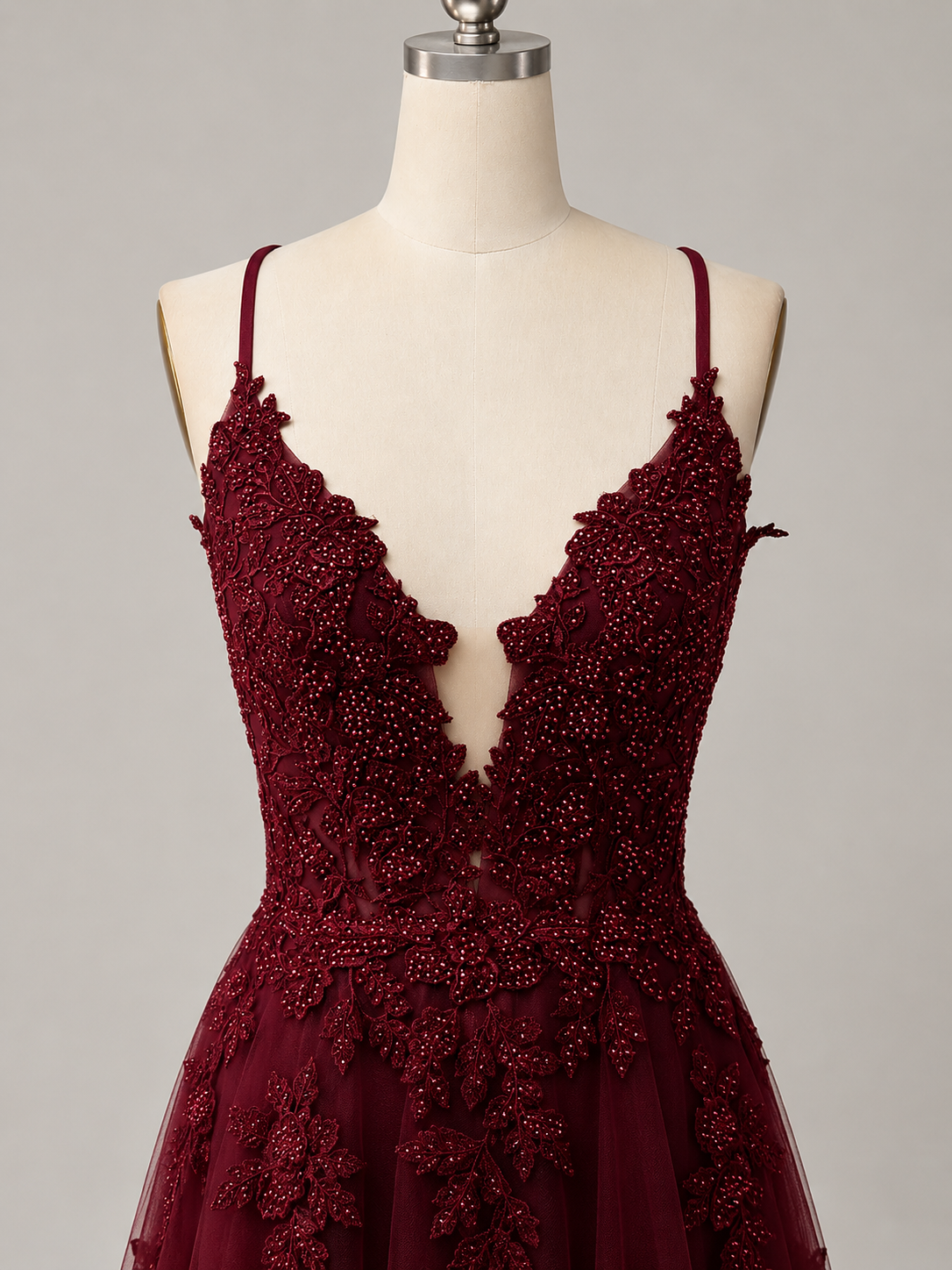 A-line V Neck Tulle Lace Burgundy Long Prom Dress, Burgundy Formal Dress