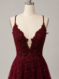 A-line V Neck Tulle Lace Burgundy Long Prom Dress, Burgundy Formal Dress