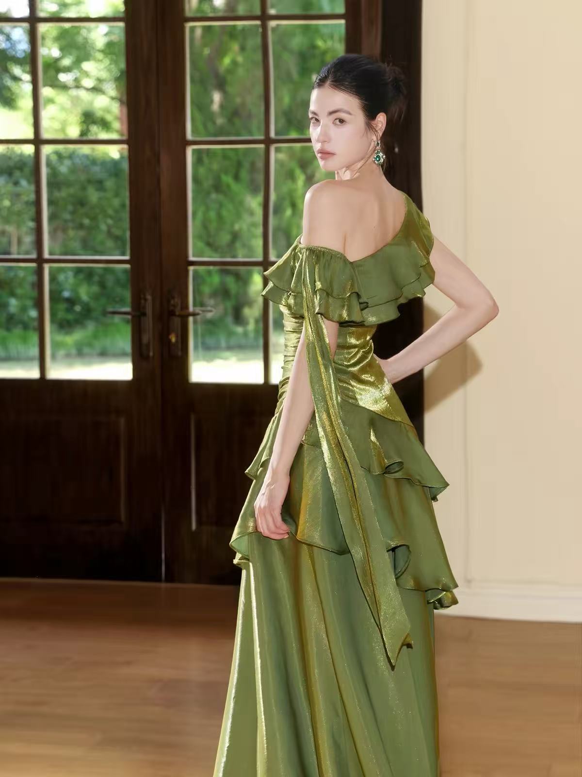 A-line One Shoulder Silk Green Long Prom Dress