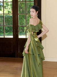 A-line One Shoulder Silk Green Long Prom Dress