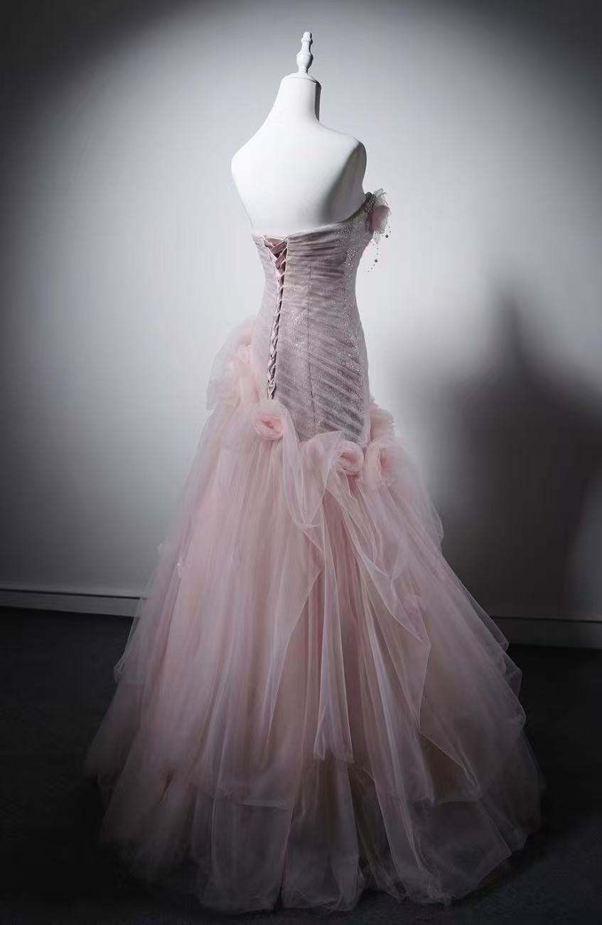 Unique Sweetheart Tulle Long Pink Prom Dress with Beads